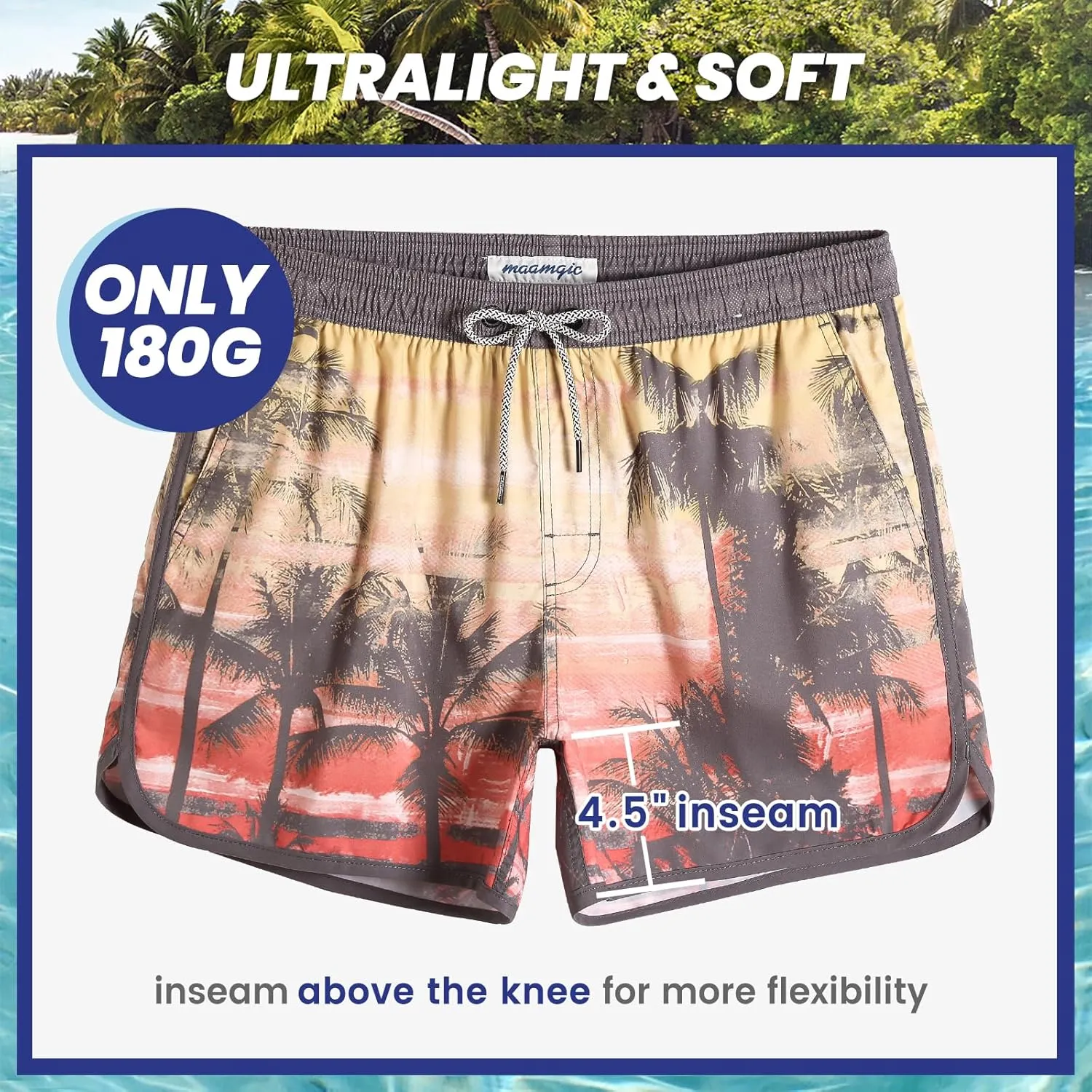 maamgic Mens Boys Short 80s 90s Vintage Swim Trunks with Mesh Lining Quick Dry Swim Suits Board Shorts