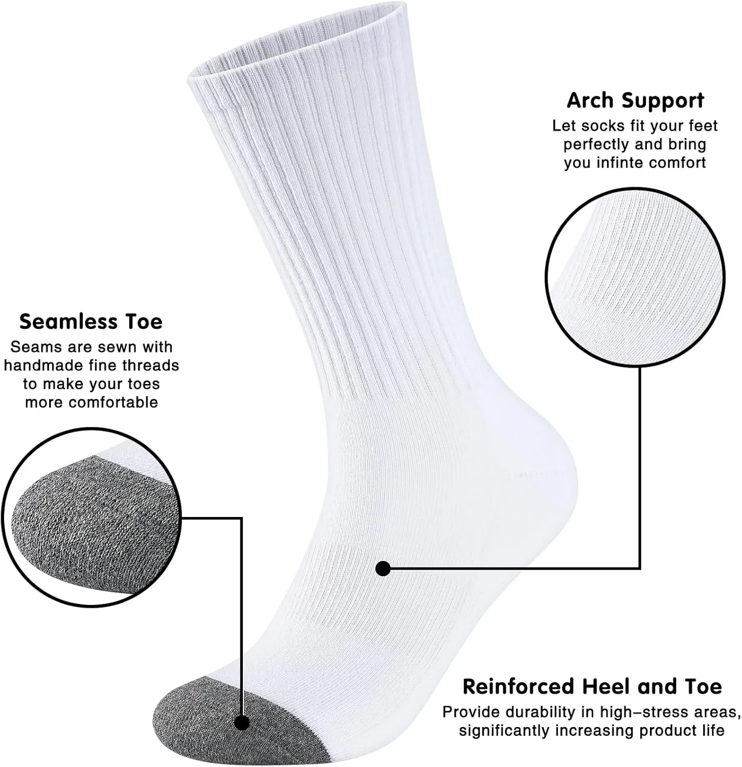 Mens 100% Cotton Cushioned Crew Socks, Athletic Performance Moisture Wicking Work socks