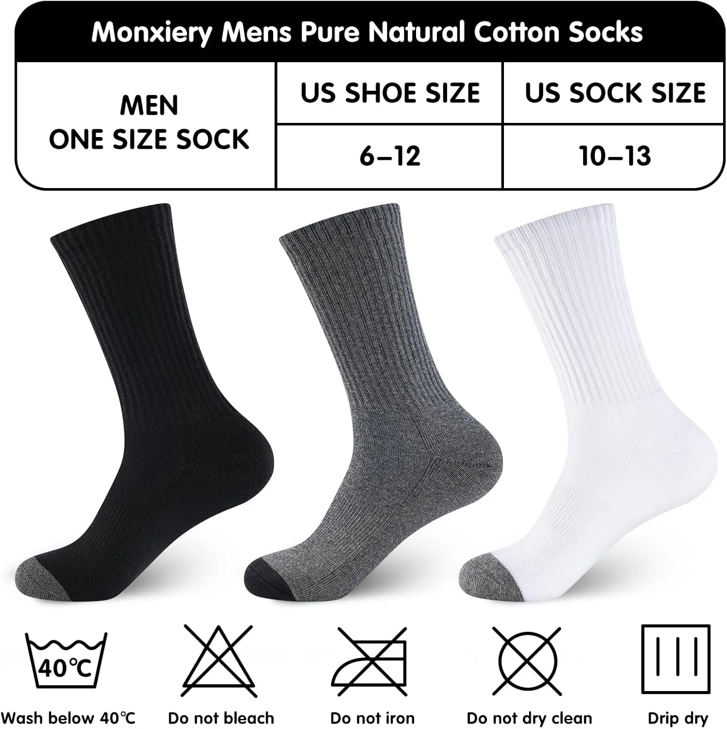 Mens 100% Cotton Cushioned Crew Socks, Athletic Performance Moisture Wicking Work socks