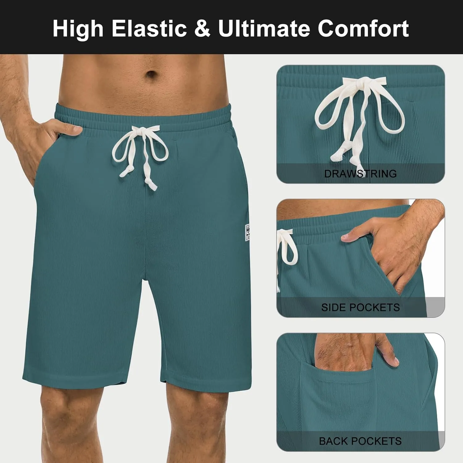 Men's Casual Shorts Corduroy Elastic Waist Drawstring 7 inch Shorts for Men with Pockets