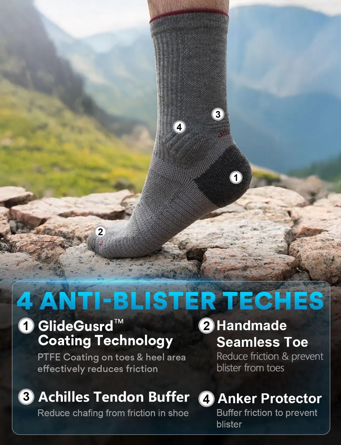 Mens Lightweight Micro Crew Hiking Socks Coolmax Merino Wool Compression Moisture Wicking Anti-Blister Cushioned