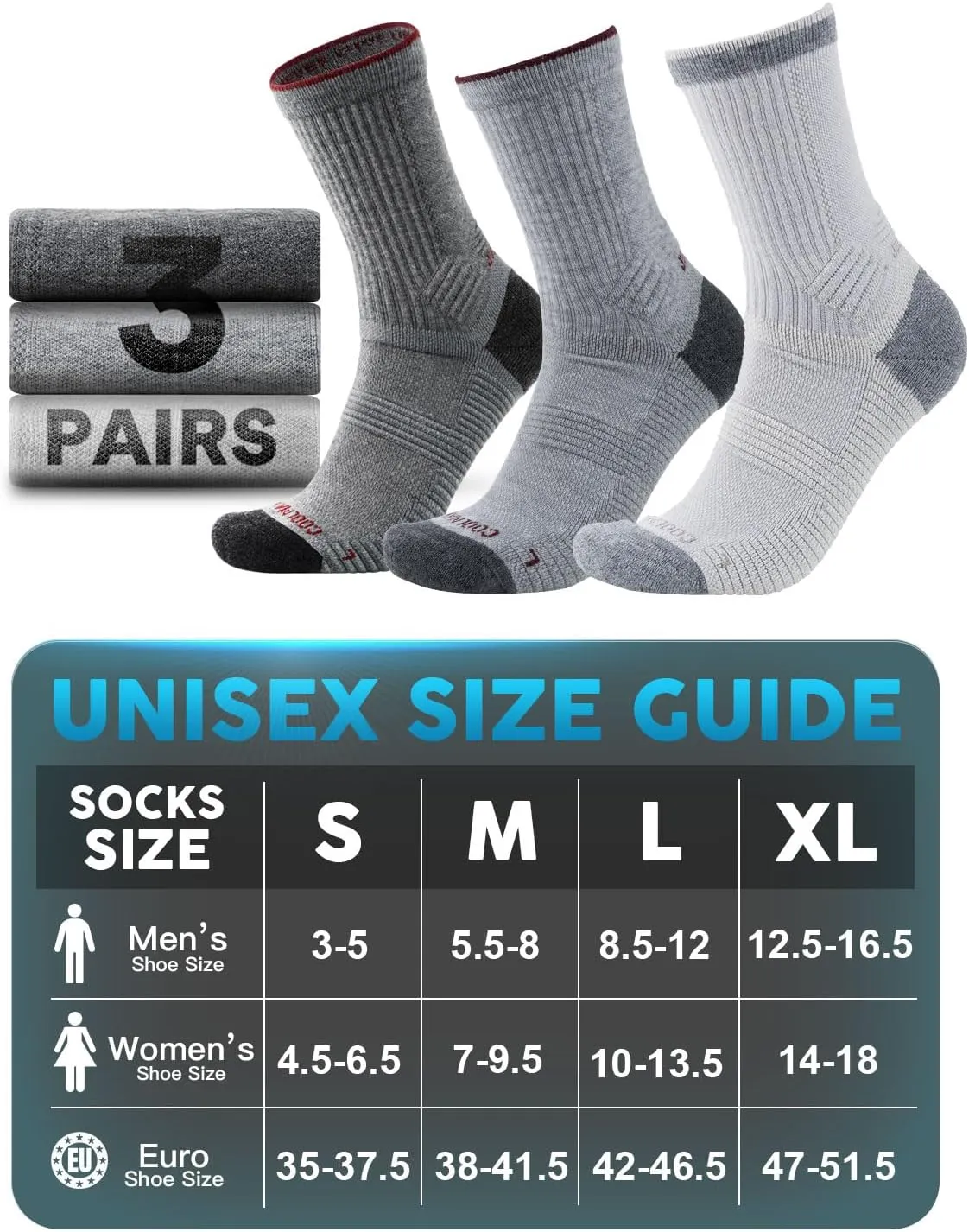 Mens Lightweight Micro Crew Hiking Socks Coolmax Merino Wool Compression Moisture Wicking Anti-Blister Cushioned