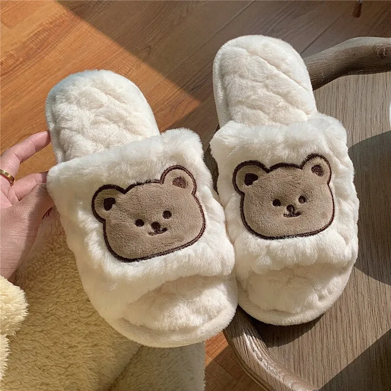 New cute couple fashion cartoon pattern bear adult autumn and winter non-slip warm indoor fluffy slippers home shoes women