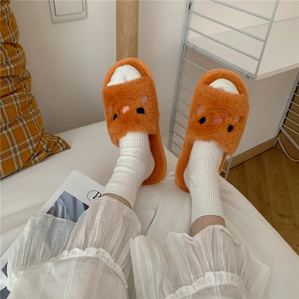 New cute couple fashion cartoon pattern bear adult autumn and winter non-slip warm indoor fluffy slippers home shoes women