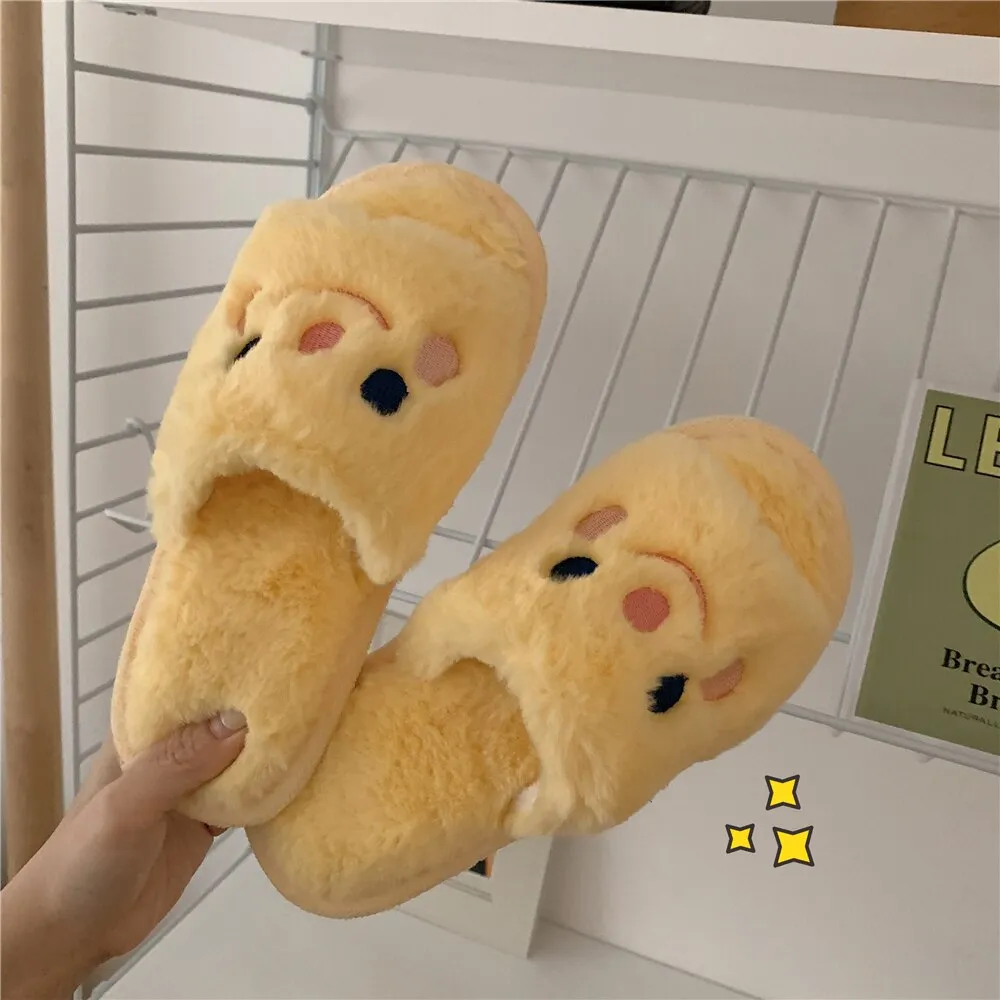 New cute couple fashion cartoon pattern bear adult autumn and winter non-slip warm indoor fluffy slippers home shoes women