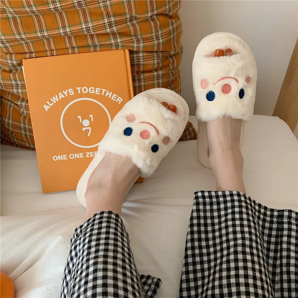 New cute couple fashion cartoon pattern bear adult autumn and winter non-slip warm indoor fluffy slippers home shoes women