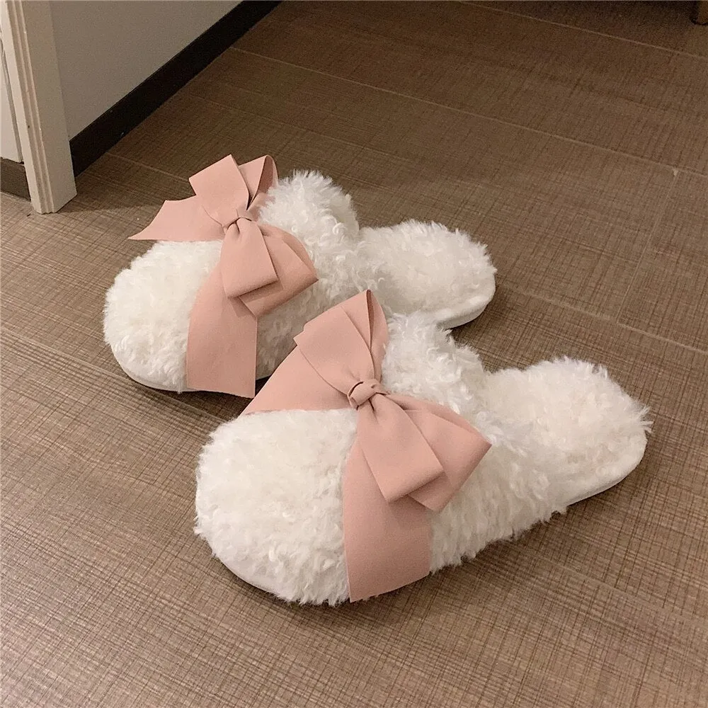 New Winter Fashion Adult Sandals Non-slip Warmth Ladies Indoor and Outdoor Slippers Cute Bow Home Sleeping Shoes Home Girl Heart