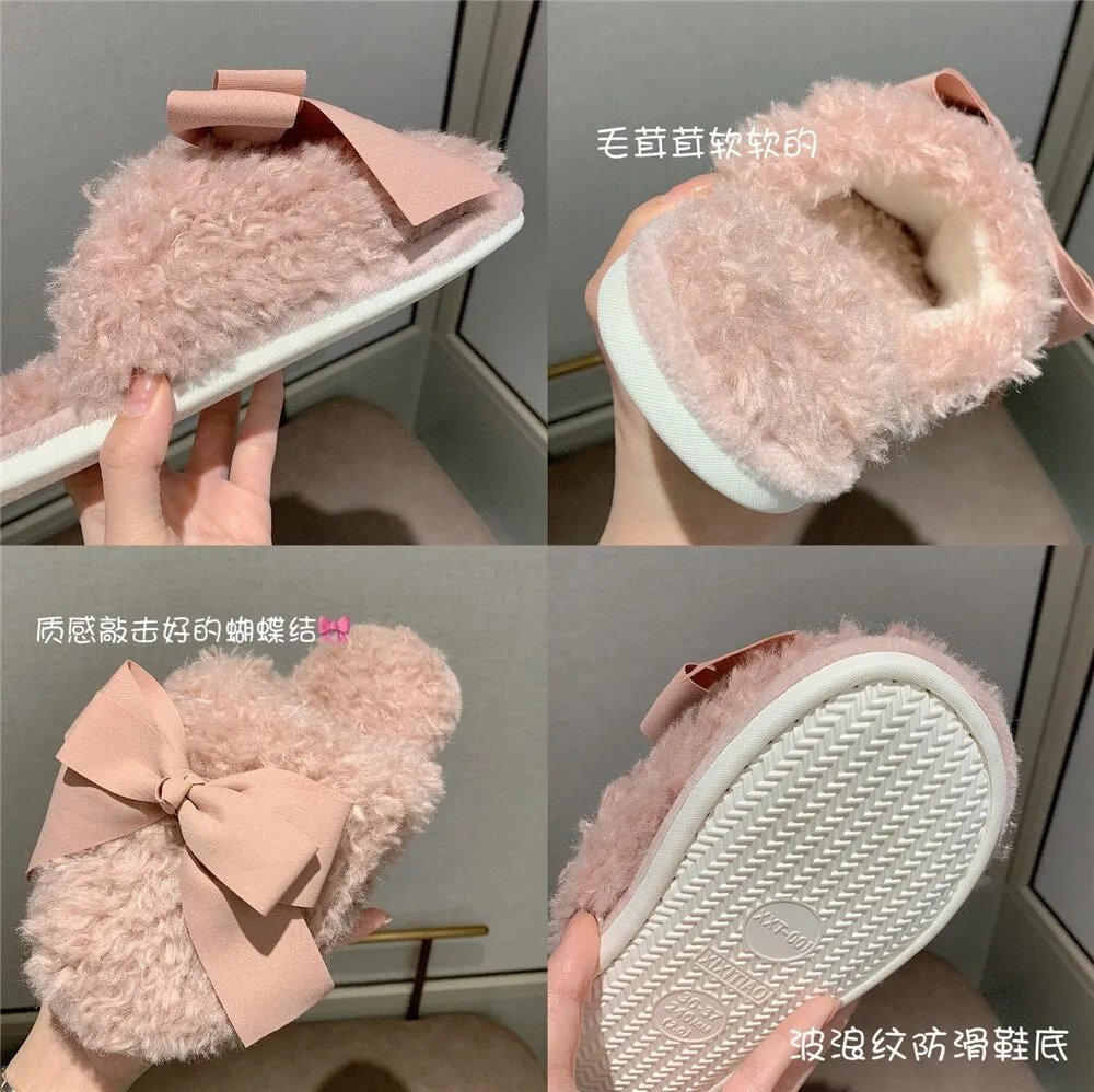 New Winter Fashion Adult Sandals Non-slip Warmth Ladies Indoor and Outdoor Slippers Cute Bow Home Sleeping Shoes Home Girl Heart