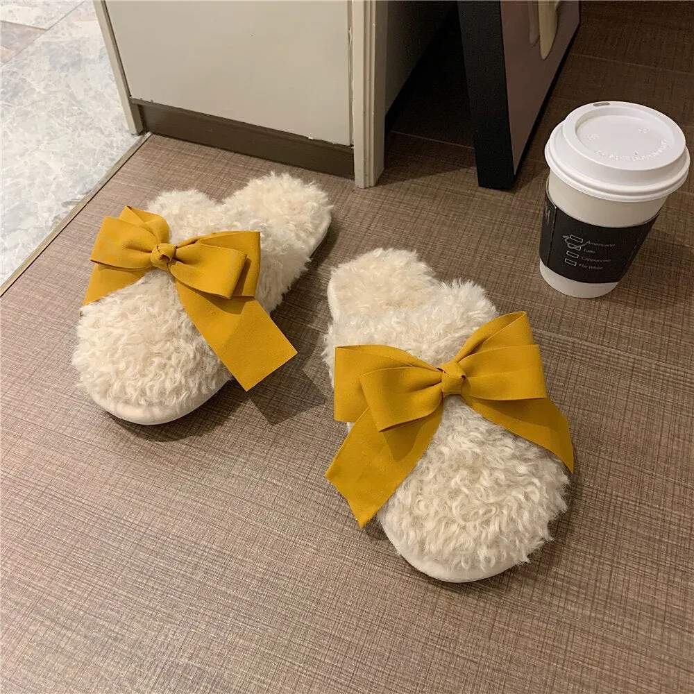 New Winter Fashion Adult Sandals Non-slip Warmth Ladies Indoor and Outdoor Slippers Cute Bow Home Sleeping Shoes Home Girl Heart