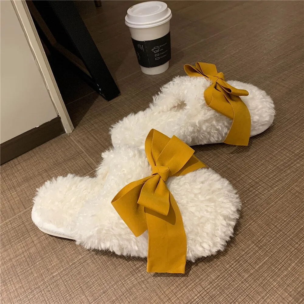 New Winter Fashion Adult Sandals Non-slip Warmth Ladies Indoor and Outdoor Slippers Cute Bow Home Sleeping Shoes Home Girl Heart