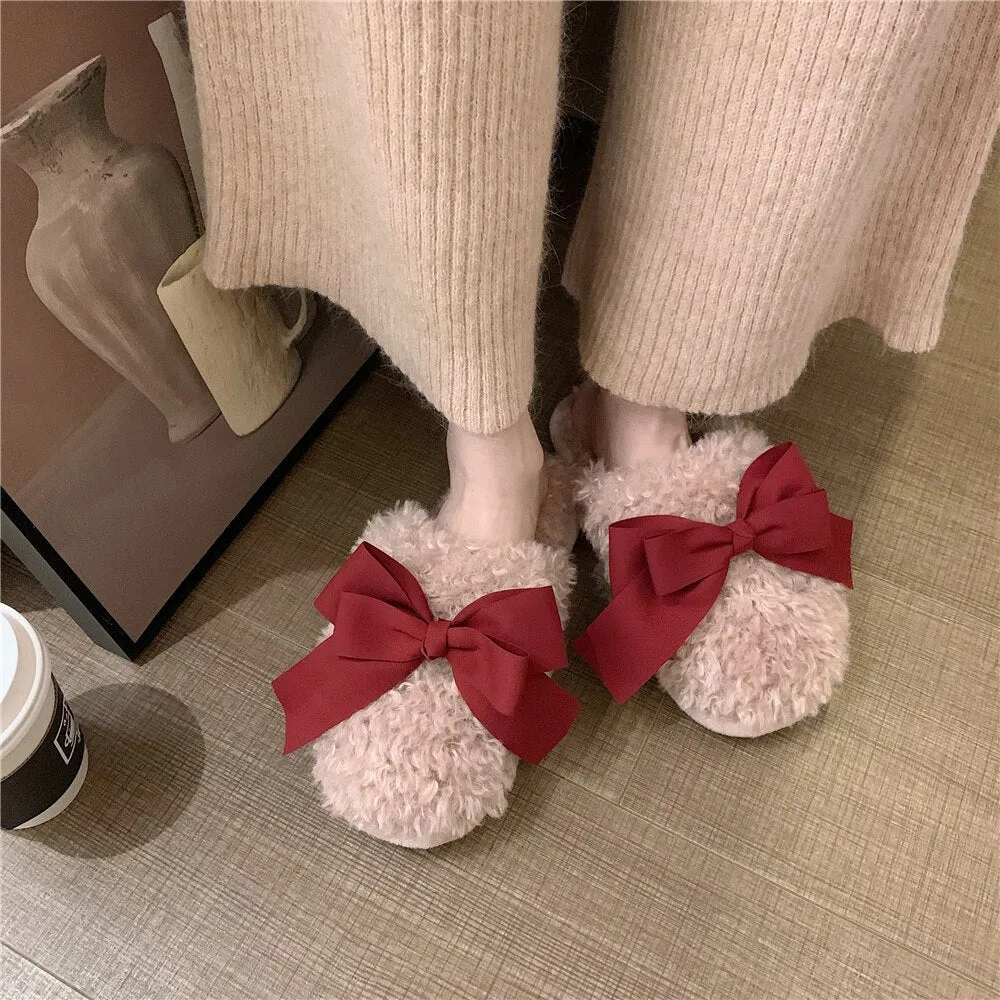 New Winter Fashion Adult Sandals Non-slip Warmth Ladies Indoor and Outdoor Slippers Cute Bow Home Sleeping Shoes Home Girl Heart