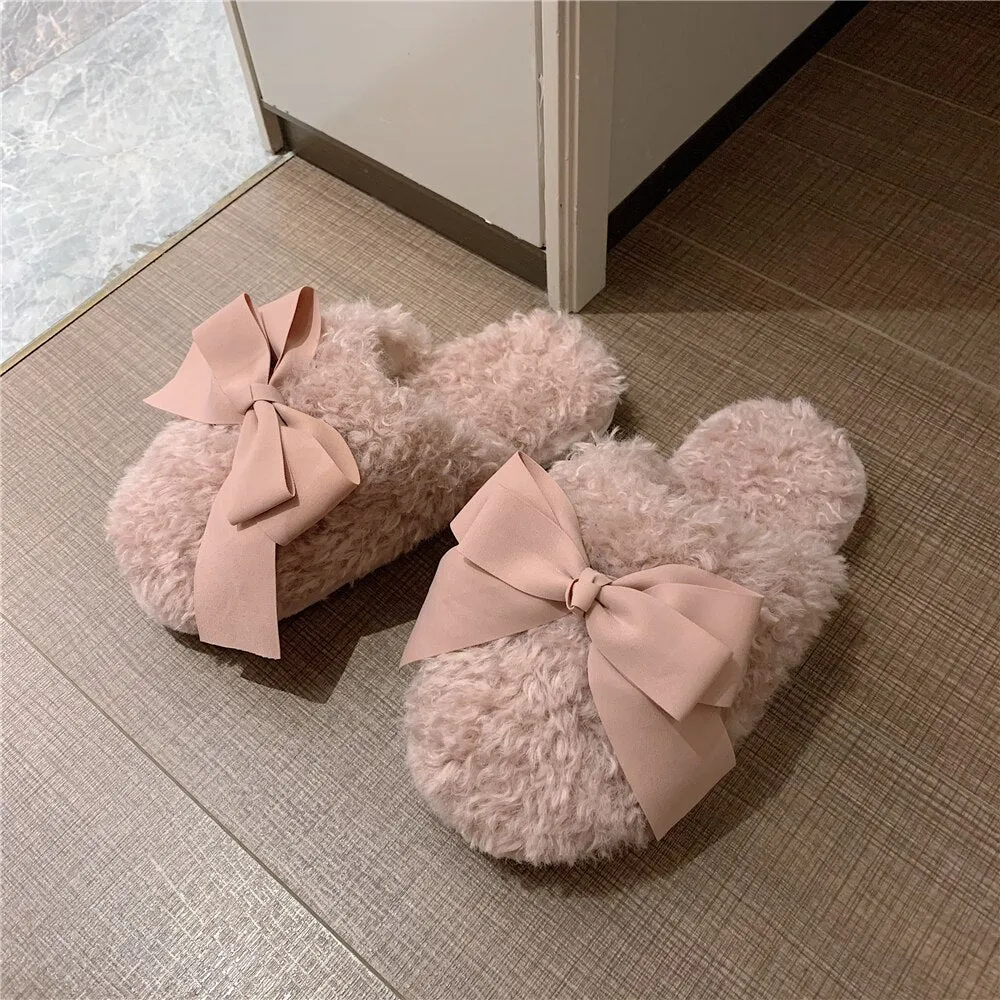 New Winter Fashion Adult Sandals Non-slip Warmth Ladies Indoor and Outdoor Slippers Cute Bow Home Sleeping Shoes Home Girl Heart