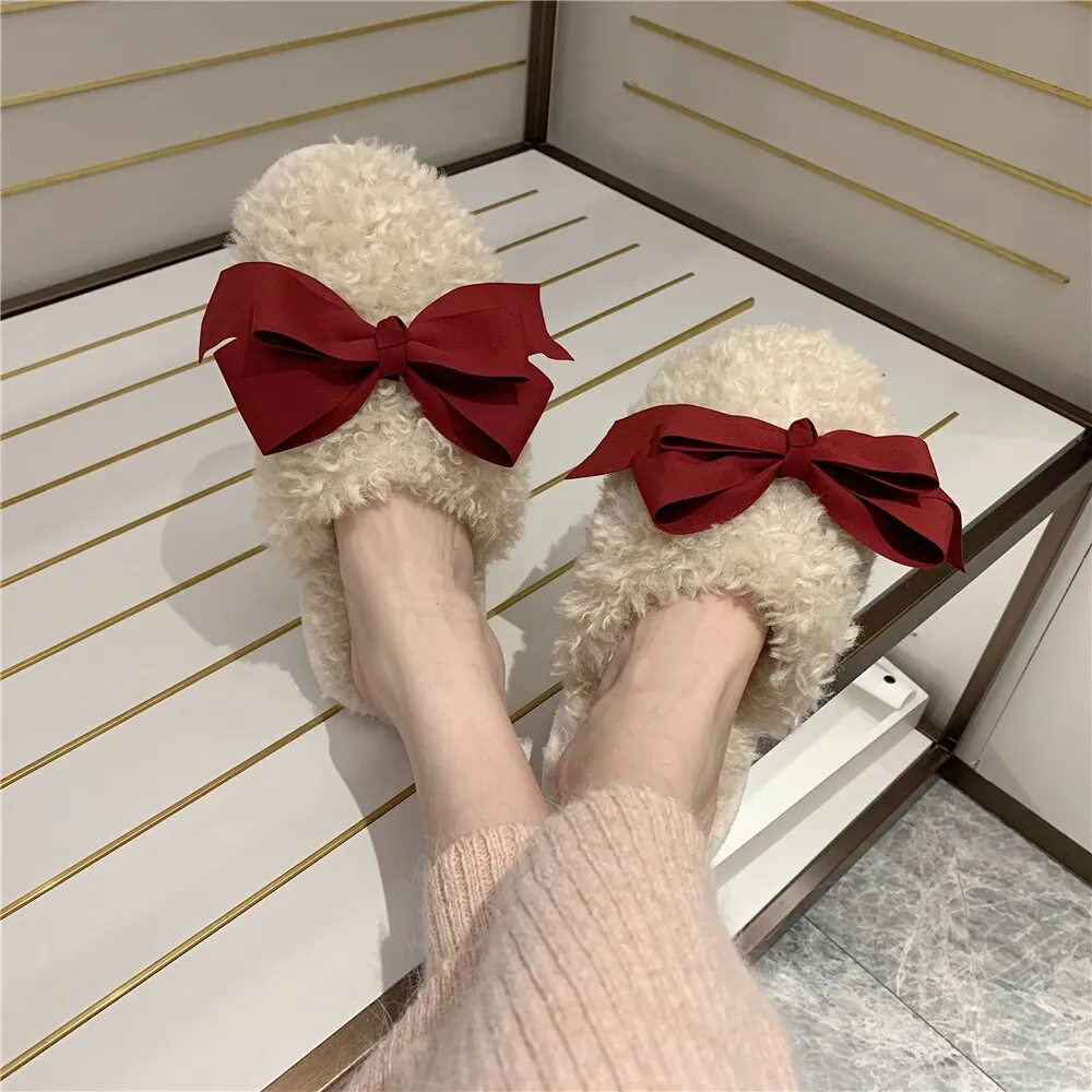 New Winter Fashion Adult Sandals Non-slip Warmth Ladies Indoor and Outdoor Slippers Cute Bow Home Sleeping Shoes Home Girl Heart