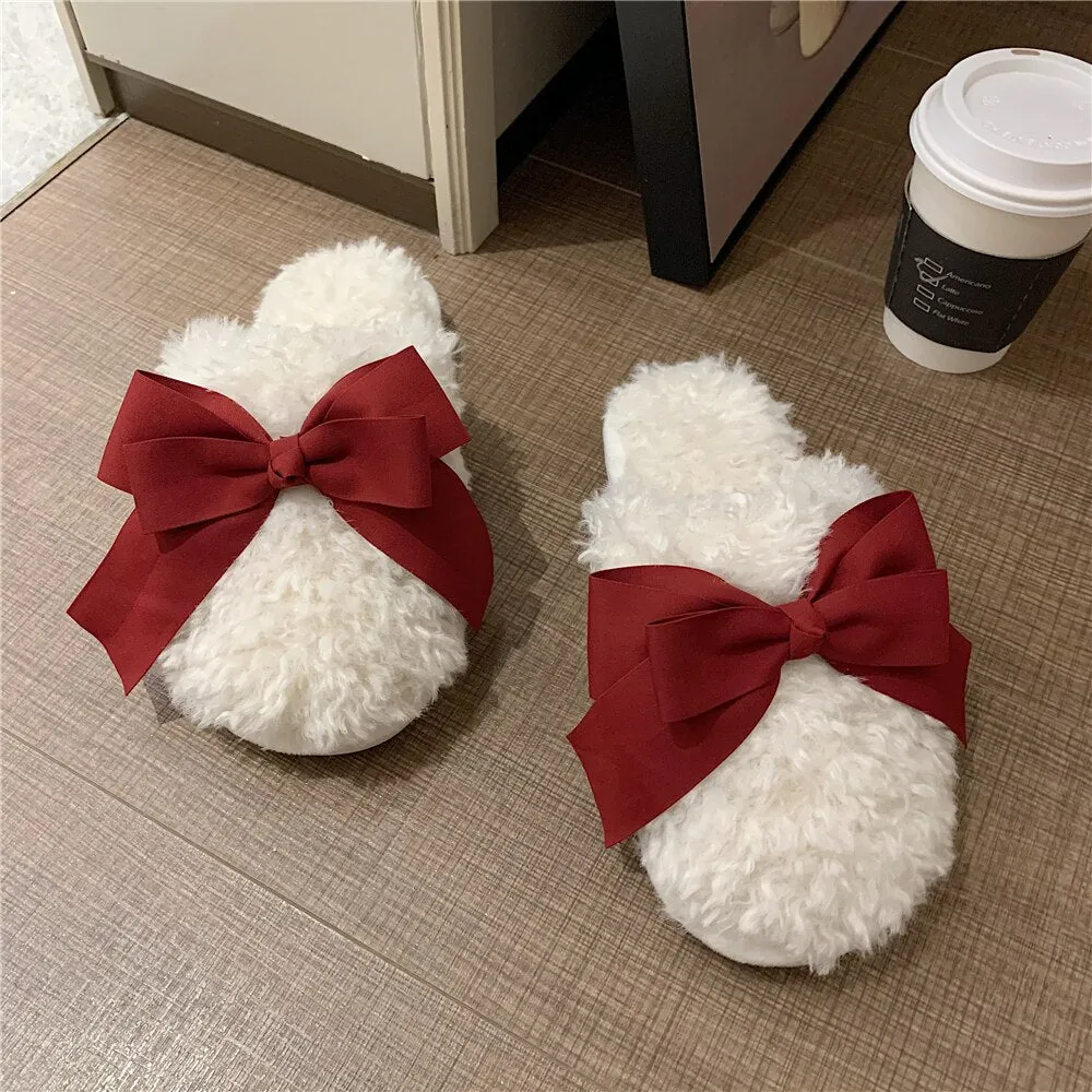 New Winter Fashion Adult Sandals Non-slip Warmth Ladies Indoor and Outdoor Slippers Cute Bow Home Sleeping Shoes Home Girl Heart
