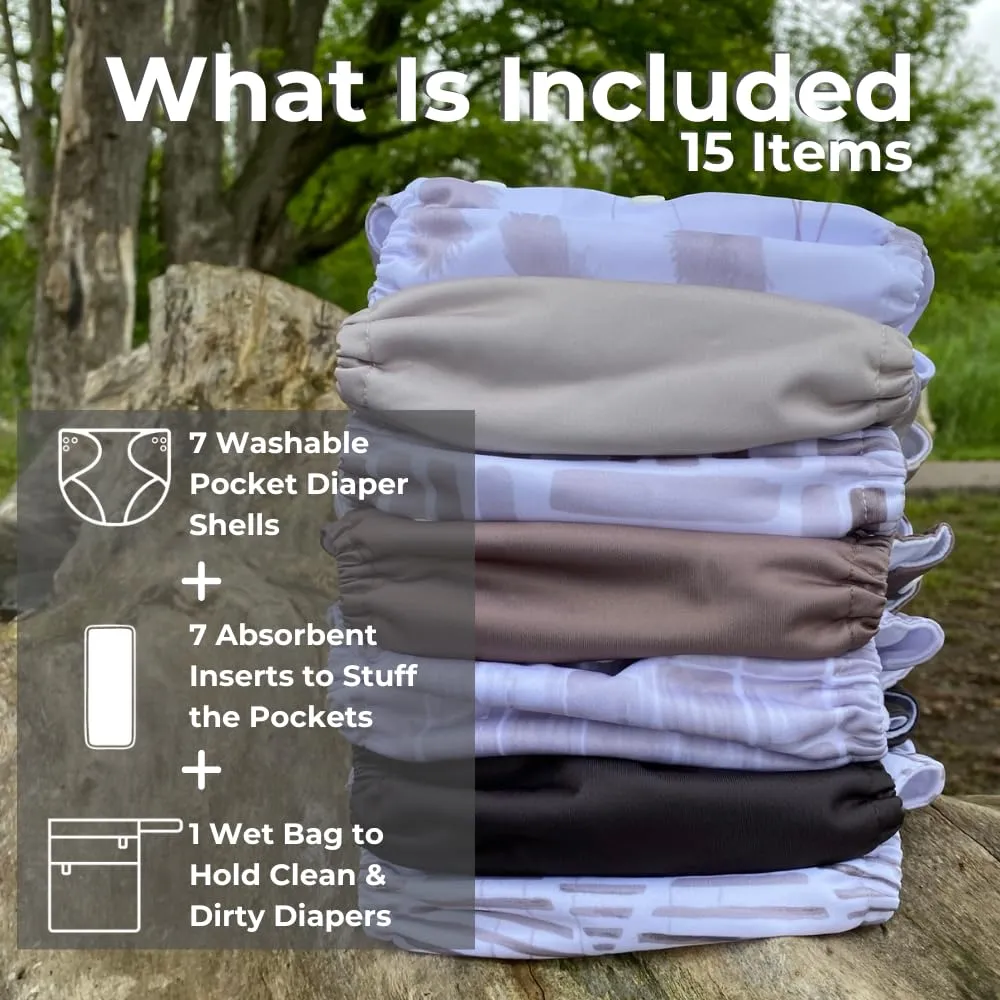 Nora's Nursery Cloth Diapers 7 Pack with 7 Inserts & 1 Wet Bag - Waterproof Cover, Washable, Reusable & One Size Adjustable Pocket Diapers for Newborns and Toddlers - Earthy Boho