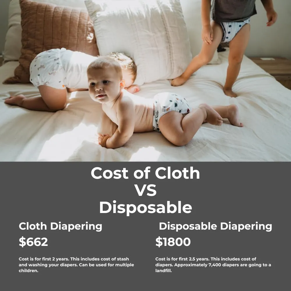 Nora's Nursery Cloth Diapers 7 Pack with 7 Inserts & 1 Wet Bag - Waterproof Cover, Washable, Reusable & One Size Adjustable Pocket Diapers for Newborns and Toddlers - Earthy Boho