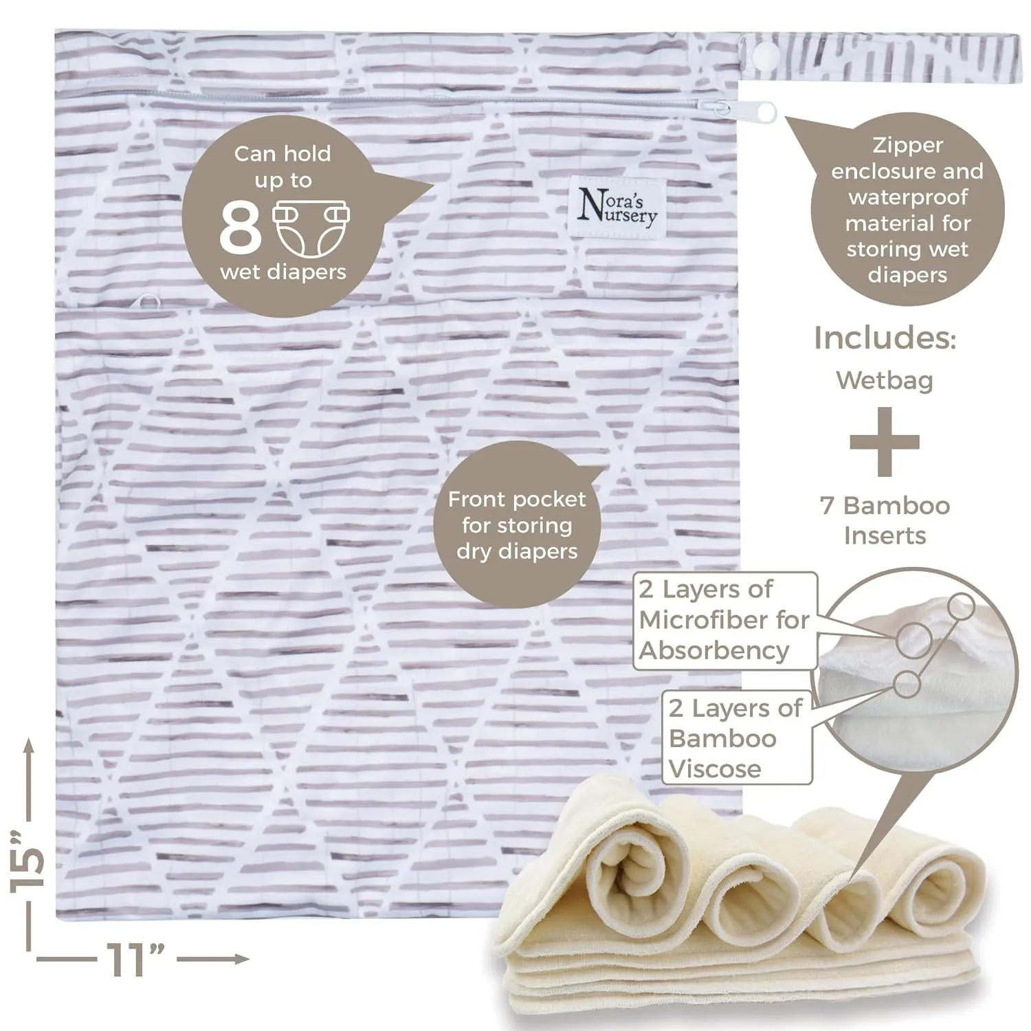 Nora's Nursery Cloth Diapers 7 Pack with 7 Inserts & 1 Wet Bag - Waterproof Cover, Washable, Reusable & One Size Adjustable Pocket Diapers for Newborns and Toddlers - Earthy Boho