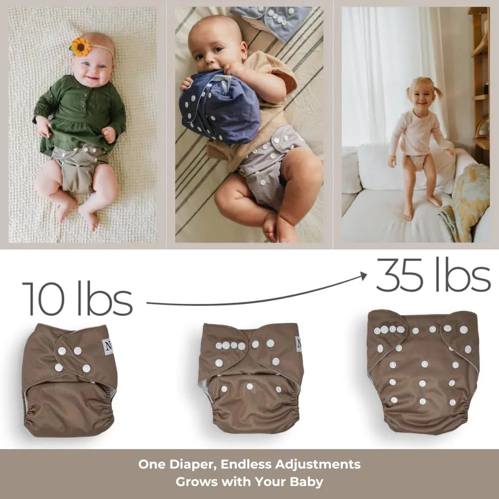 Nora's Nursery Cloth Diapers 7 Pack with 7 Inserts & 1 Wet Bag - Waterproof Cover, Washable, Reusable & One Size Adjustable Pocket Diapers for Newborns and Toddlers - Earthy Boho