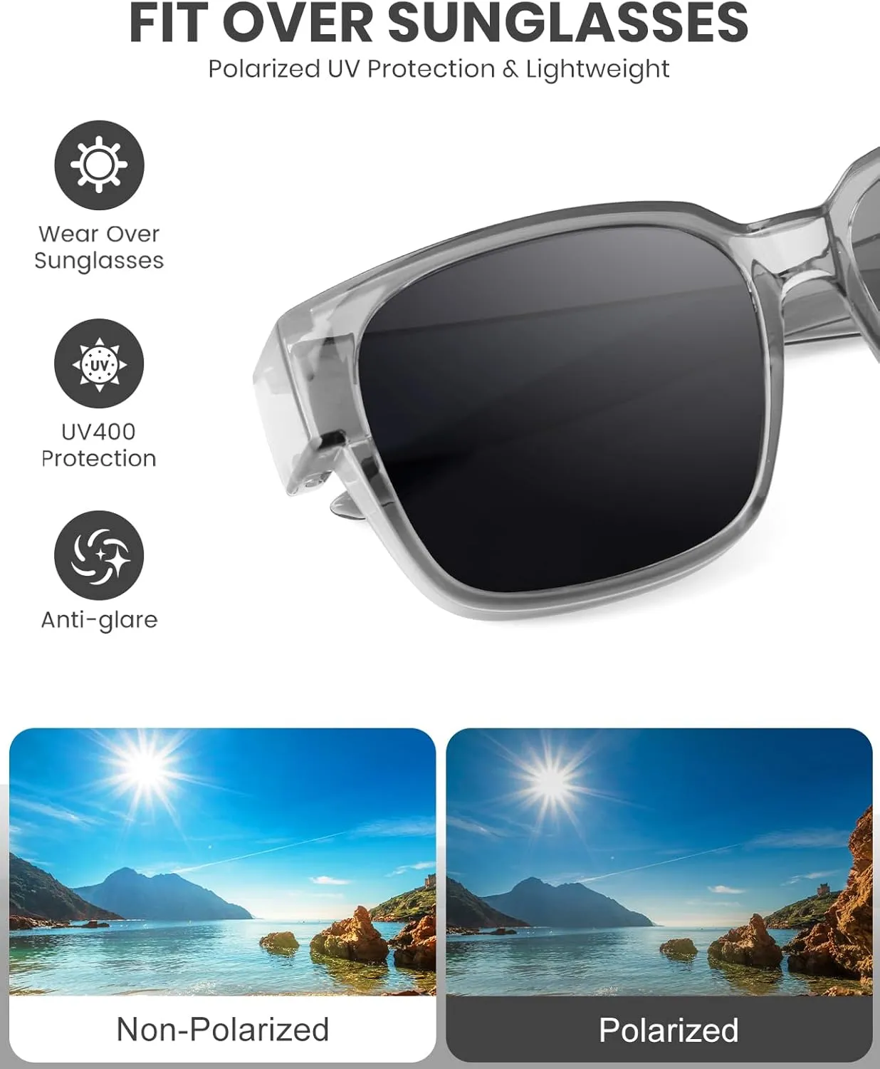 Polarized Sunglasses Fit Over Glasses for Men Women, Oversized Square Sun Glasses, 100% UV400 Protection, Ultra Lightweight