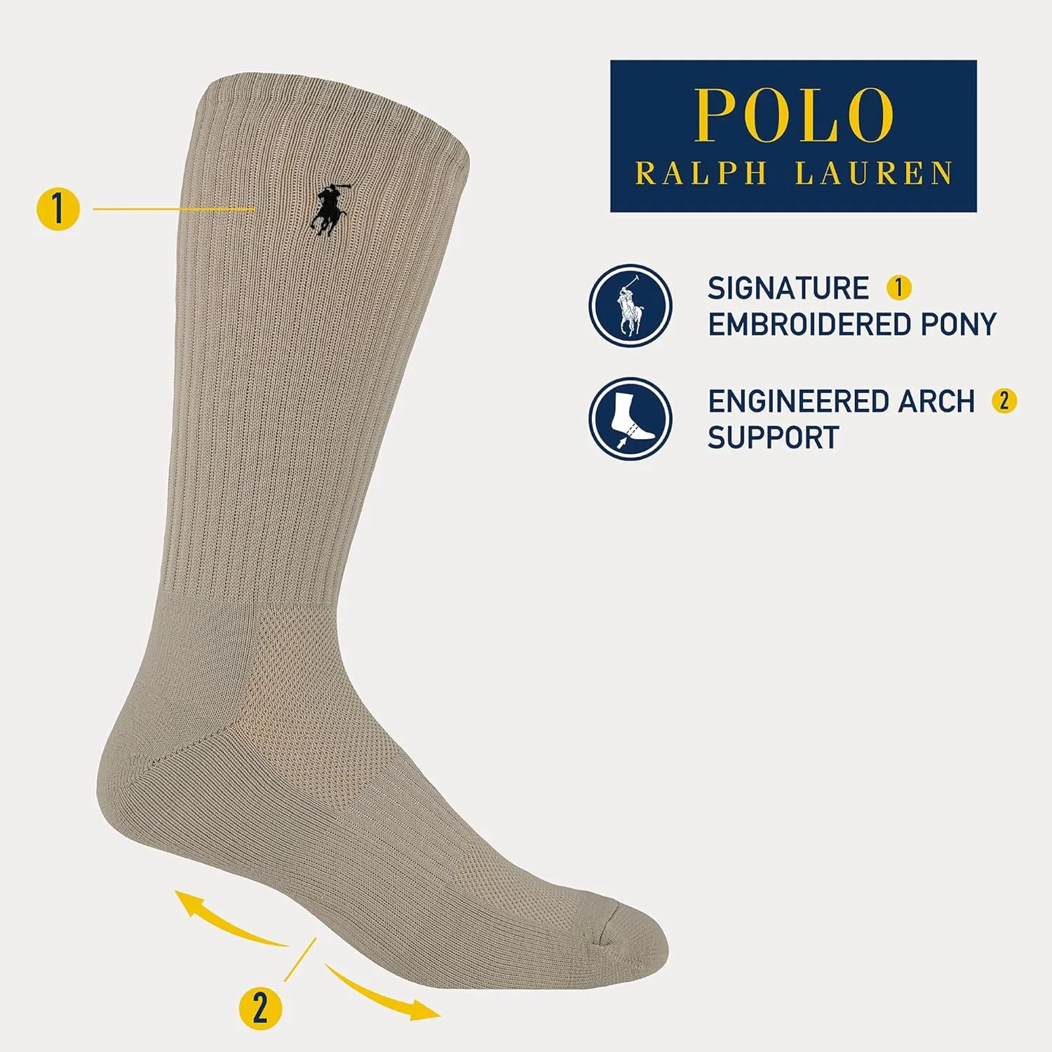 Polo Ralph Lauren Men's Tech Athletic Crew Socks-3 Pair Pack-Sport Cushioned Arch Support