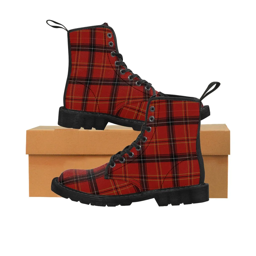 Red Plaid Print Men's Boots, Best Tartan Print Hiking Winter Boots Laced Up Shoes For Men