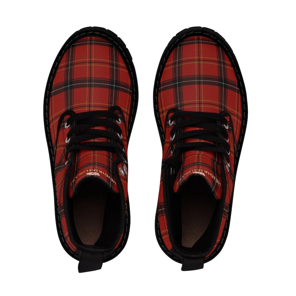 Red Plaid Print Men's Boots, Best Tartan Print Hiking Winter Boots Laced Up Shoes For Men