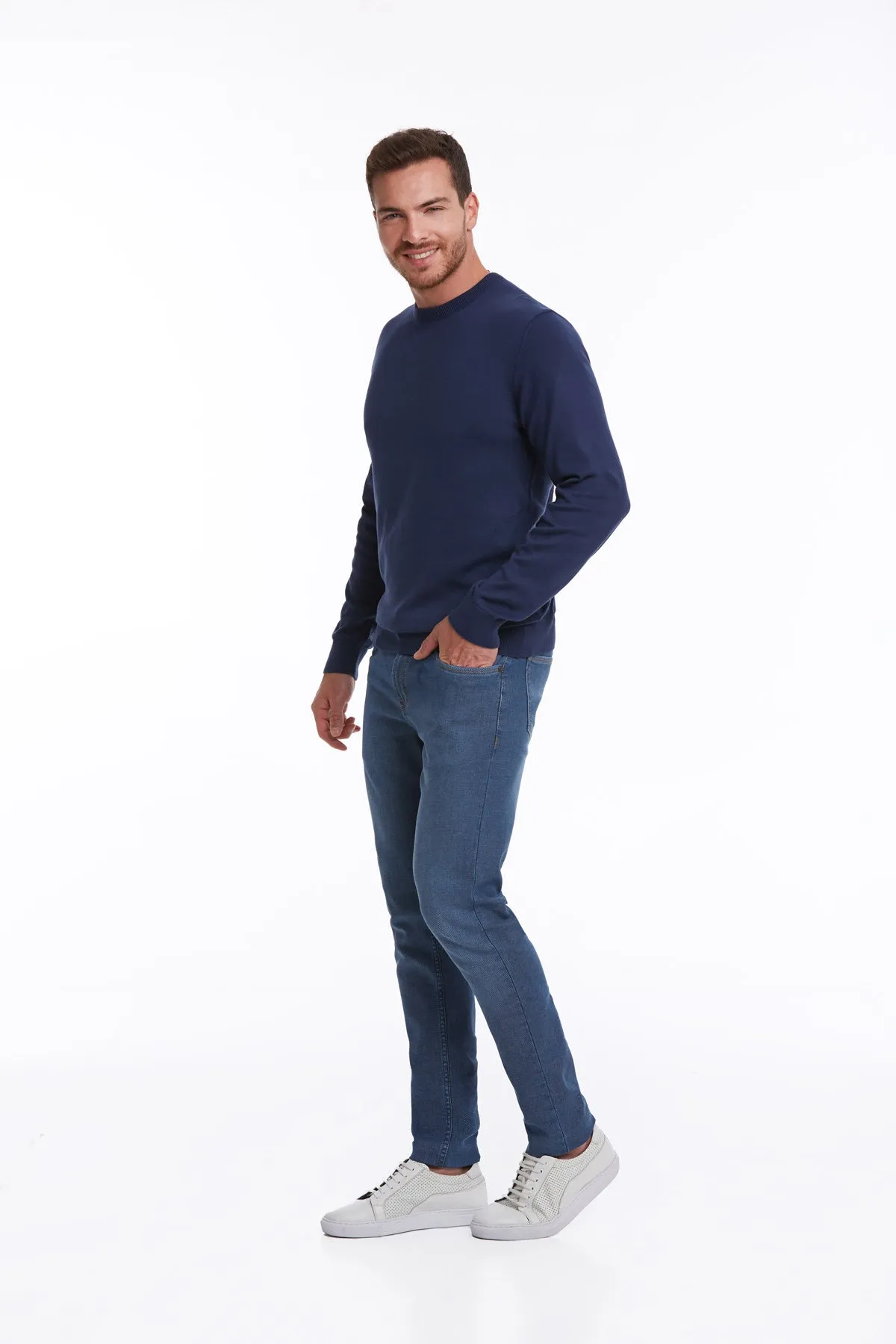 Regular Fit Cotton Indigo Crewneck Sweater