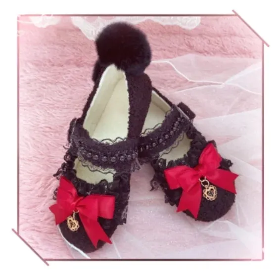 Sohiwoo Black Soft Girl Fairy Black Lace Bow Low Heel Flat Black Shoes Low Heel Flats  sweet lolita shoes tea party kawaii princess
