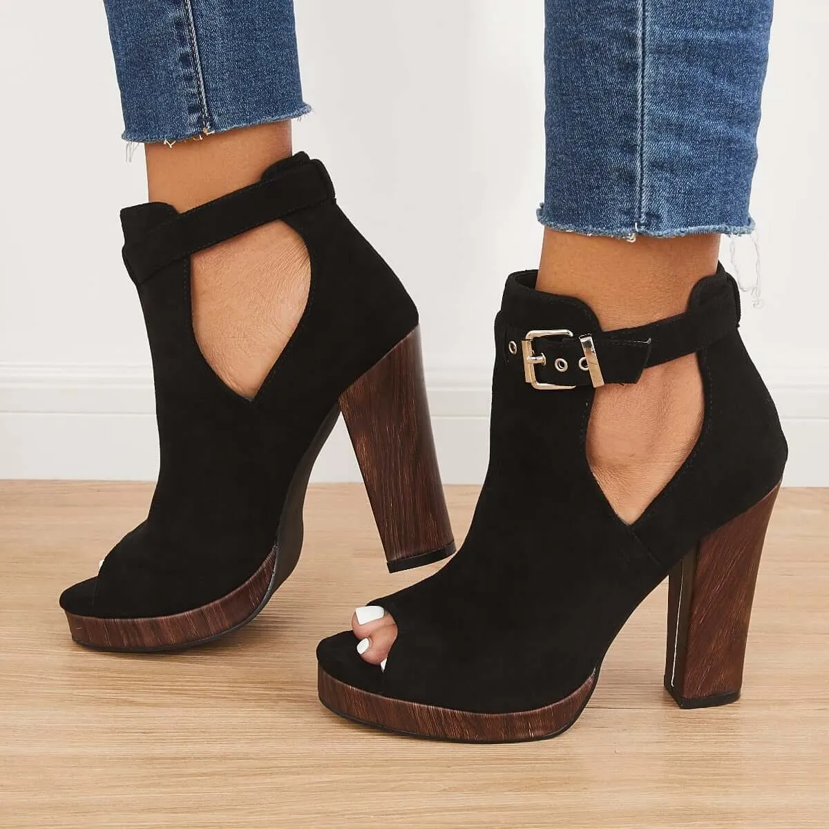 Sohiwoo Platform Peep Toe Ankle Booties Chunky Block Heel Dress Boots