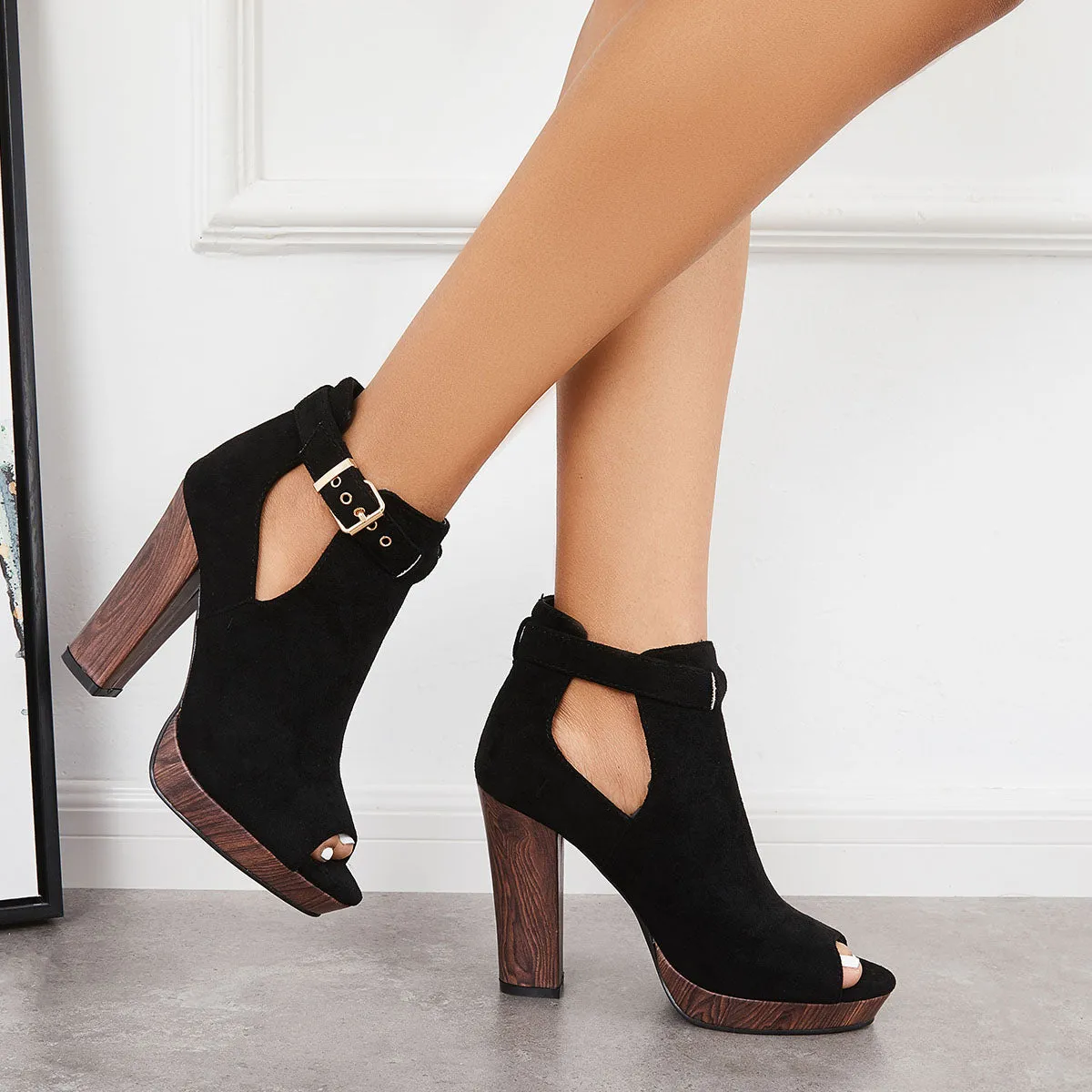 Sohiwoo Platform Peep Toe Ankle Booties Chunky Block Heel Dress Boots