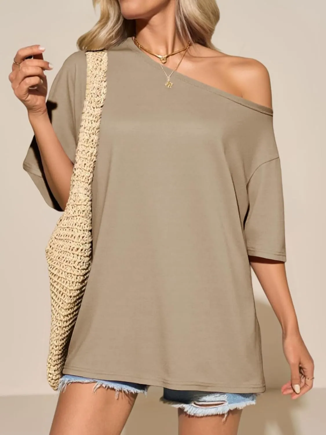 Tankaneo Womens Oversized Off The Shoulder T Shirt Cotton Short Sleeve Casual Tunic Tops Summer Loose Fit Flowy Tees
