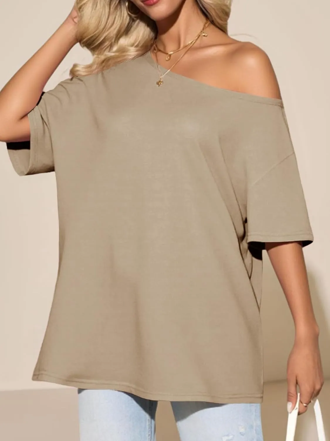 Tankaneo Womens Oversized Off The Shoulder T Shirt Cotton Short Sleeve Casual Tunic Tops Summer Loose Fit Flowy Tees