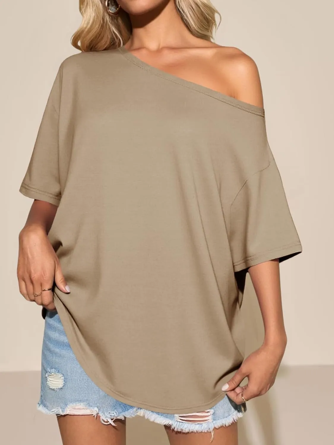 Tankaneo Womens Oversized Off The Shoulder T Shirt Cotton Short Sleeve Casual Tunic Tops Summer Loose Fit Flowy Tees