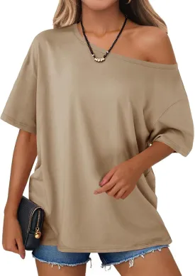 Tankaneo Womens Oversized Off The Shoulder T Shirt Cotton Short Sleeve Casual Tunic Tops Summer Loose Fit Flowy Tees