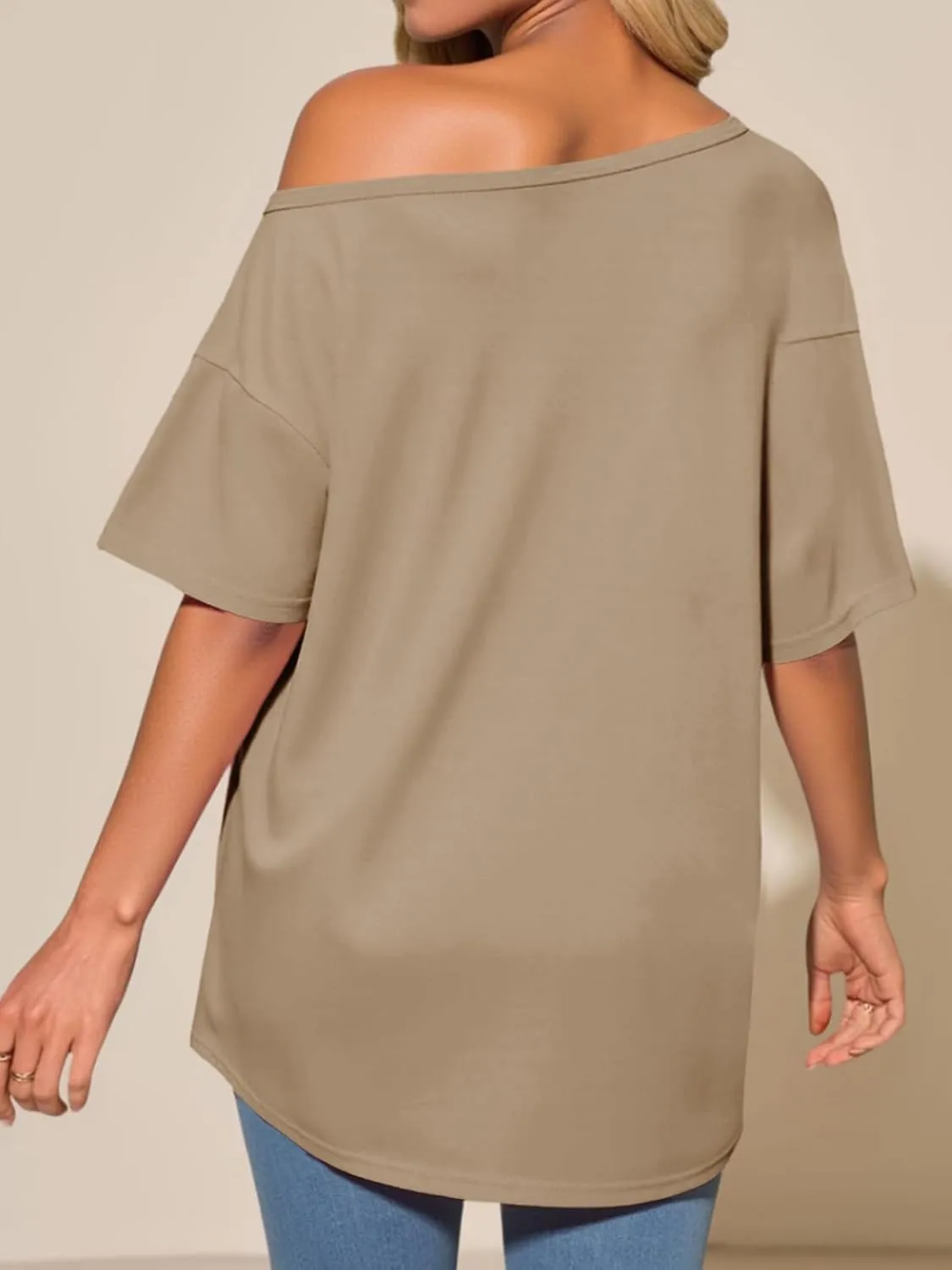 Tankaneo Womens Oversized Off The Shoulder T Shirt Cotton Short Sleeve Casual Tunic Tops Summer Loose Fit Flowy Tees