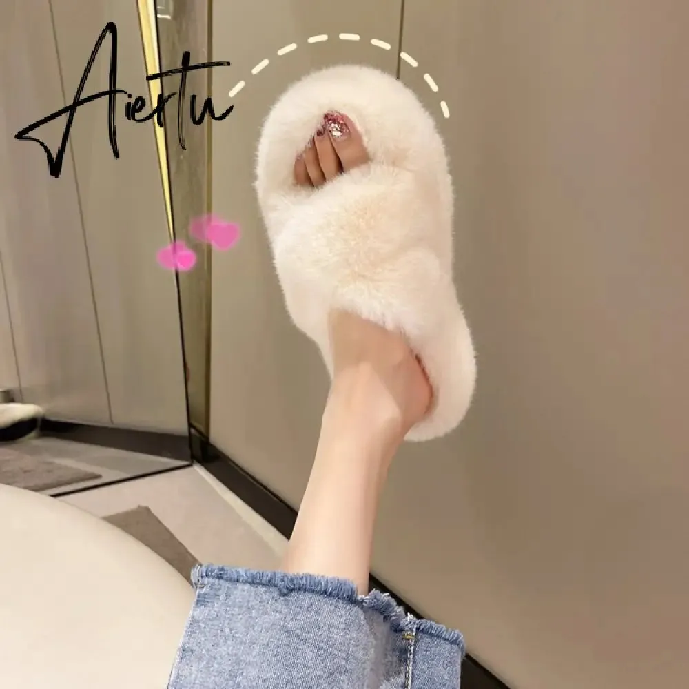 Winter Warm Fashion Slipper Women Modern Slides Outside Design Fluffy Slippers Indoor Soft Plush Shoes Women Warm Slippers