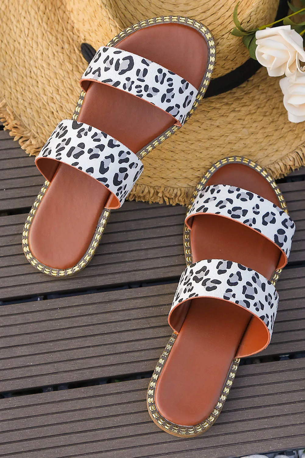 Women's Leopard Print Double Straps Slip-on Flat Slippers