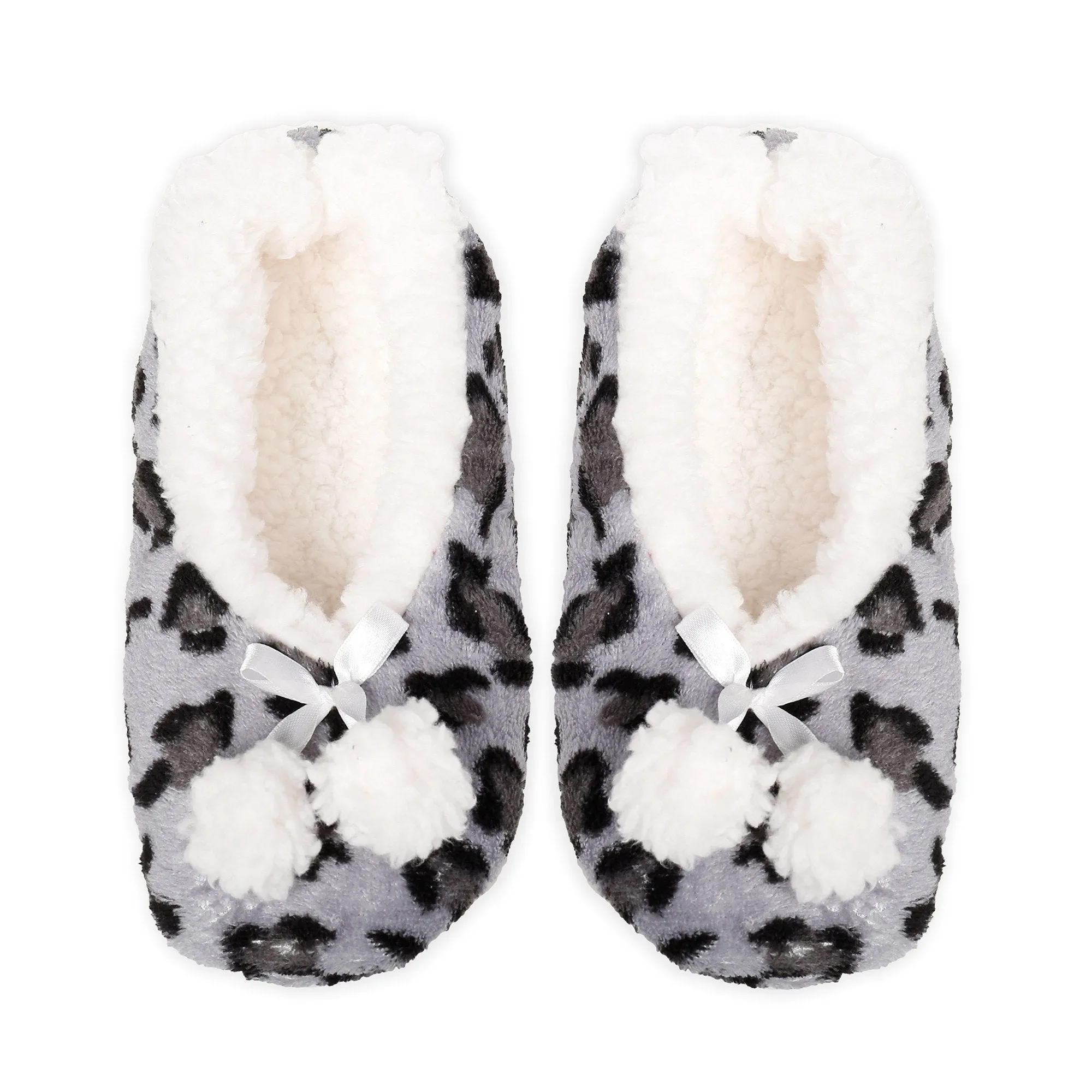 Women's Plush Coral Fleece Ballet Slipper with Pom Detail - Leopard Grey