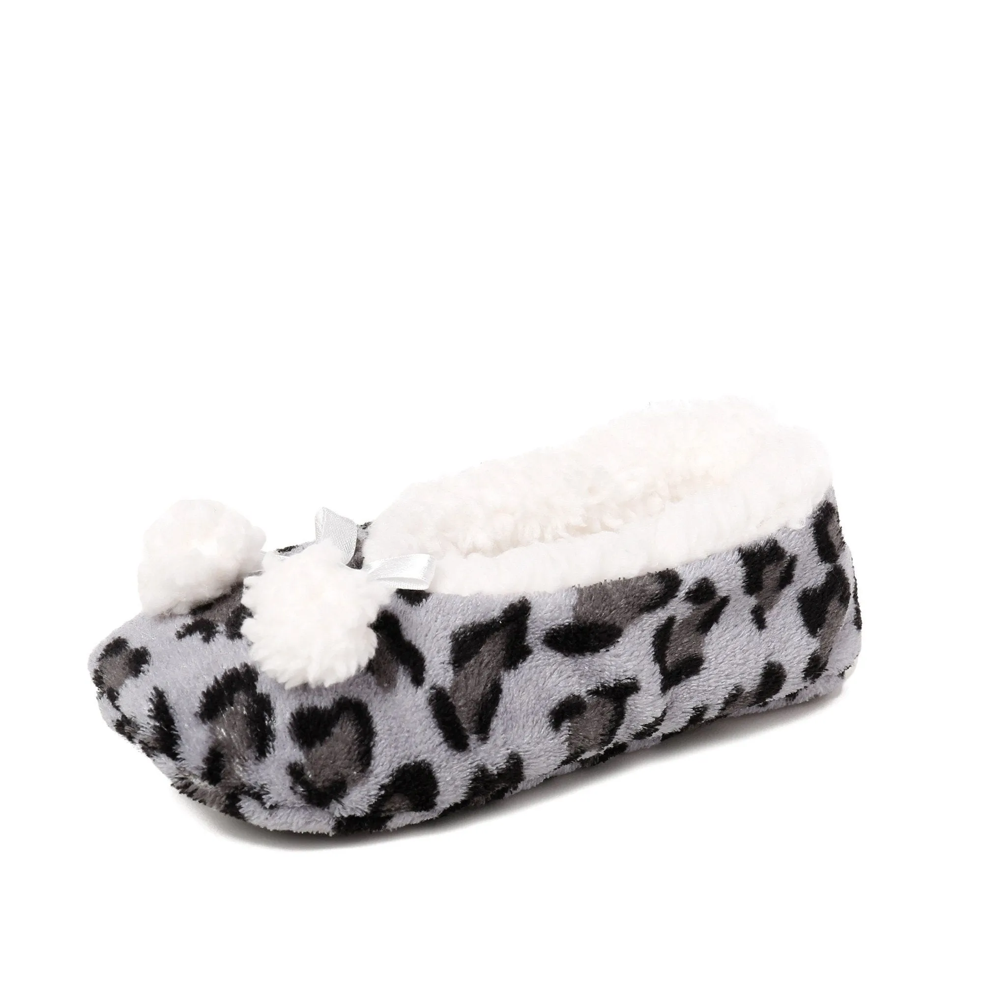 Women's Plush Coral Fleece Ballet Slipper with Pom Detail - Leopard Grey