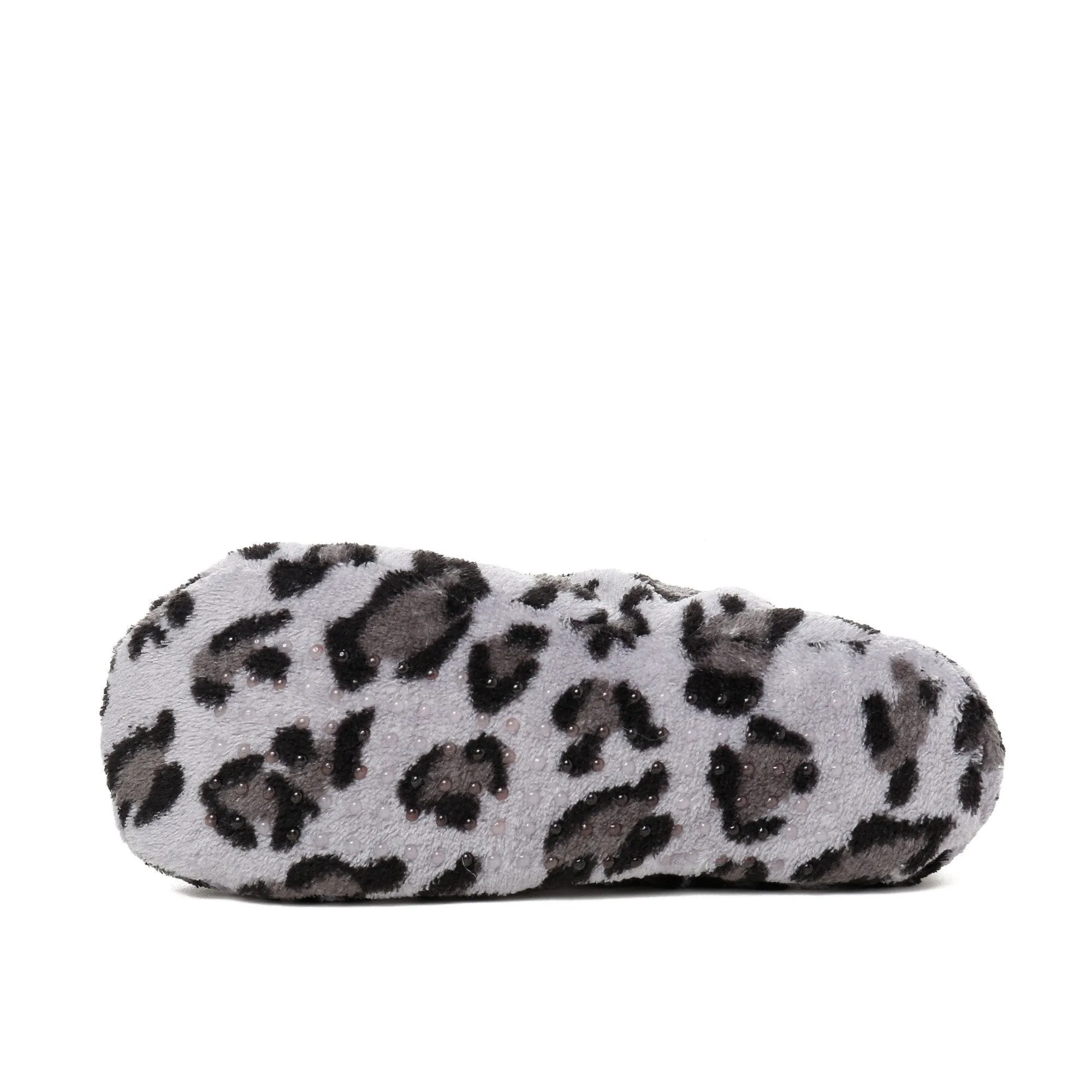 Women's Plush Coral Fleece Ballet Slipper with Pom Detail - Leopard Grey