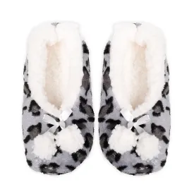 Women's Plush Coral Fleece Ballet Slipper with Pom Detail - Leopard Grey