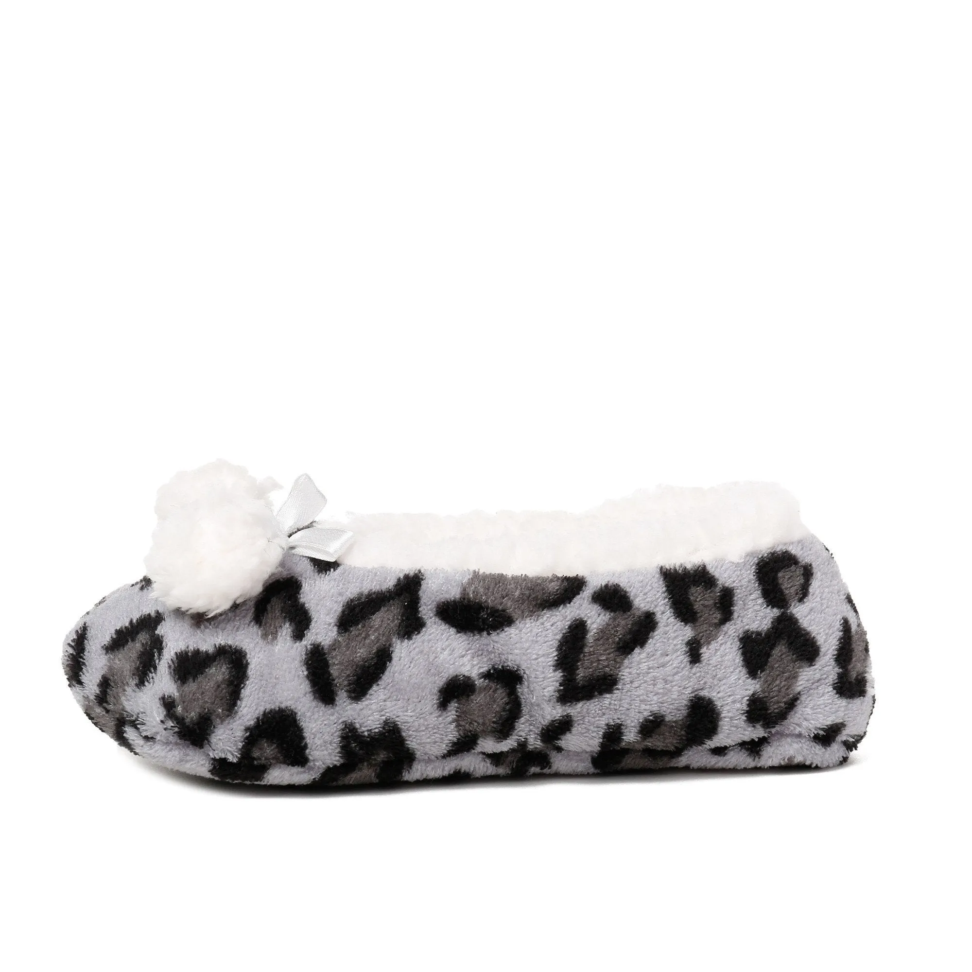Women's Plush Coral Fleece Ballet Slipper with Pom Detail - Leopard Grey
